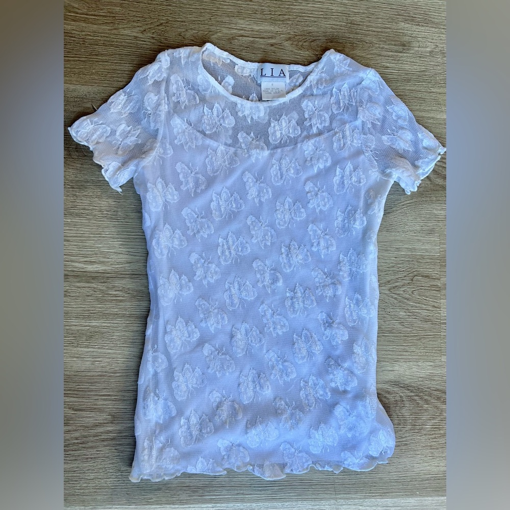 Vintage Y2K Small White Semi Sheer Butterfly Fairy Baby Tee